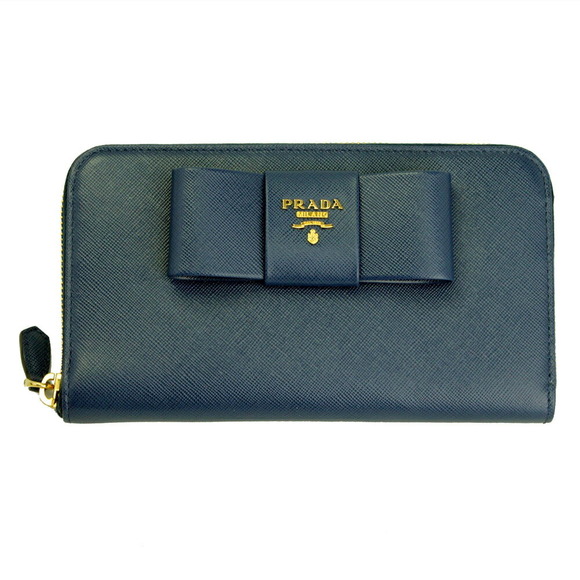 Prada Zip Motif Blue Wallet Ribbon Embossed FIOCCO Long - Picture 1 of 4